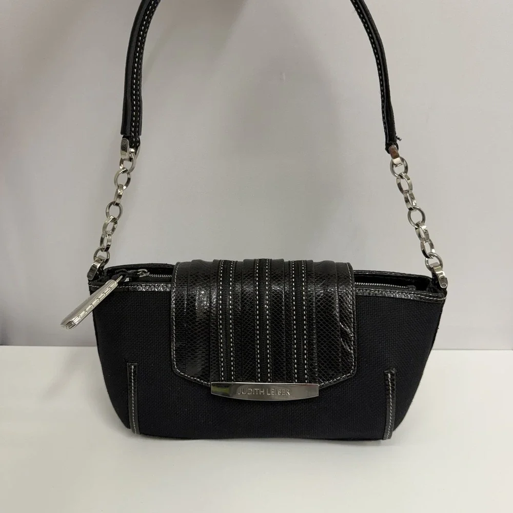 Judith Leiber Snakeskin and Fabric Purse Black Crystals Trim Mirror Change Pouch